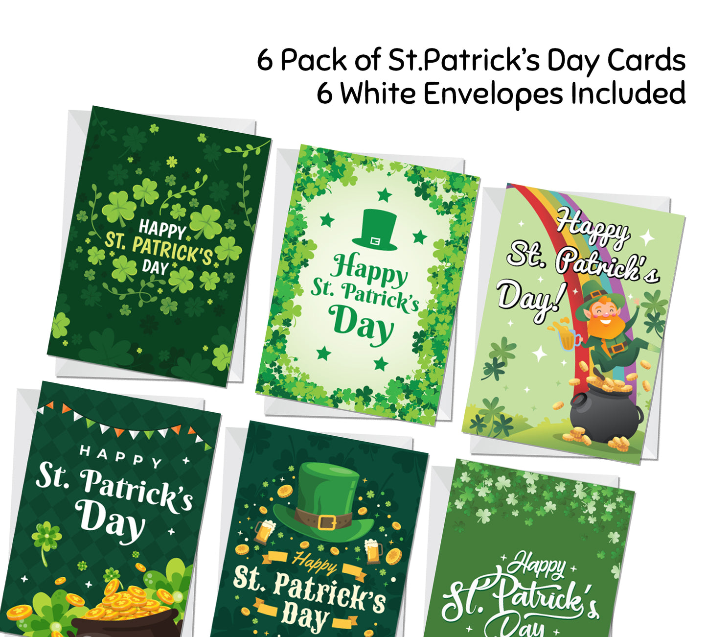 Pack of 6 St. Patrick's Day Greeting Cards and White Envelopes