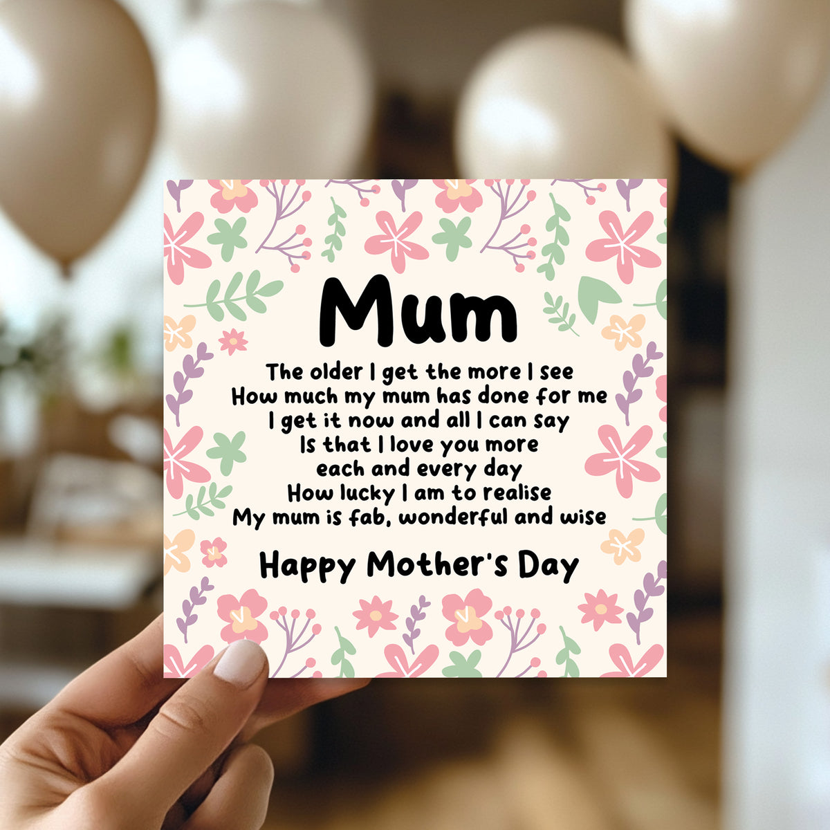 Happy Mothers Day Card, Floral Design, Poem Card For Mum