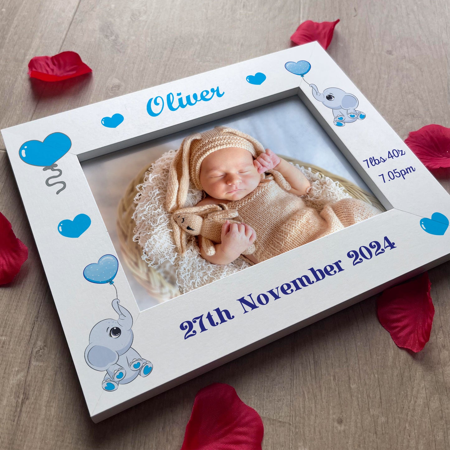 Personalised Baby Birth Details Newborn 7x5 White Wood Frame