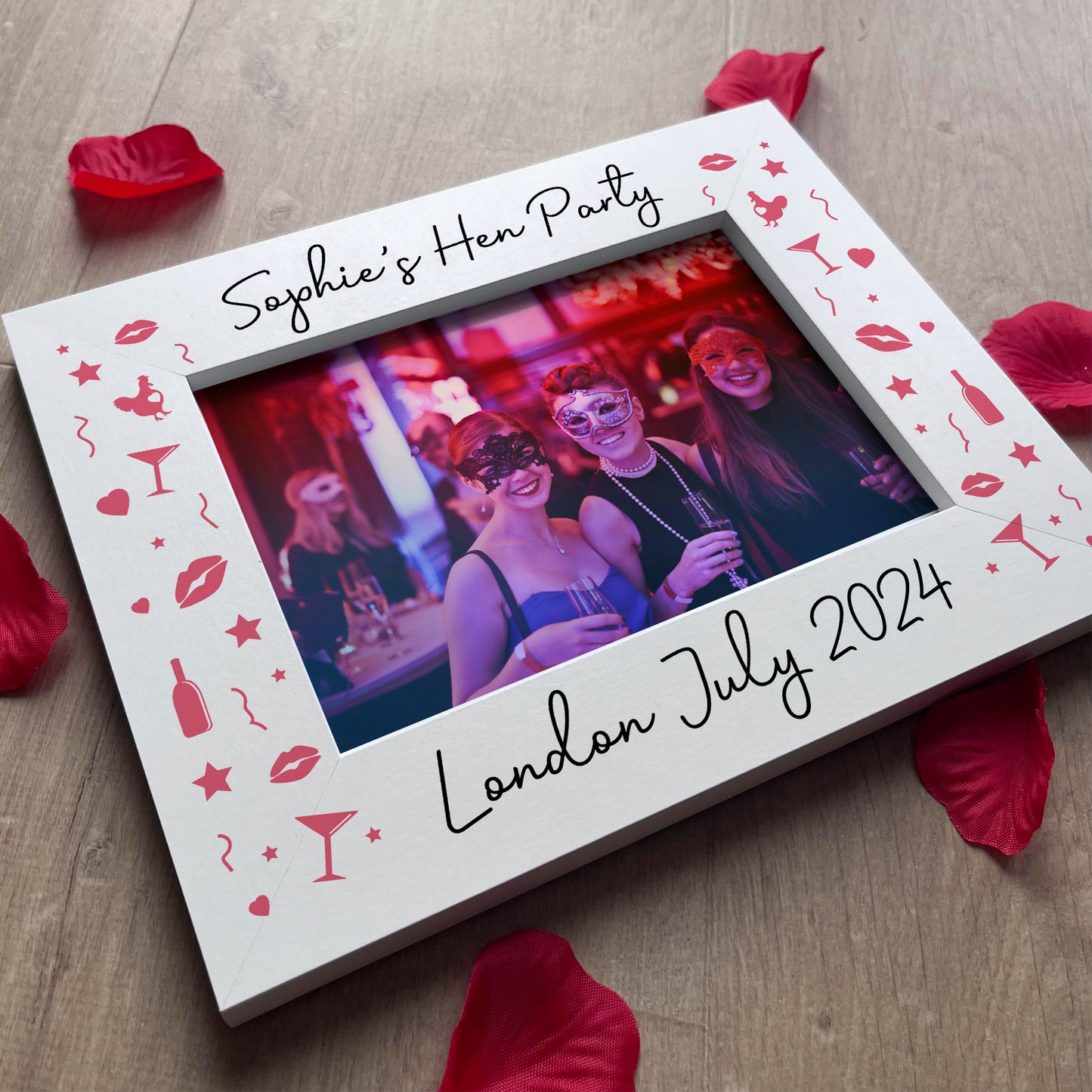 Hen Party Personalised Gifts, 7x5 White Wooden Frame, Hen Do Gif