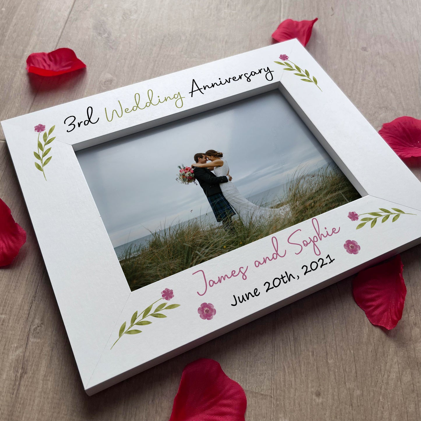 3rd Anniversary Wedding Gifts Personalised 7x5 White Frame