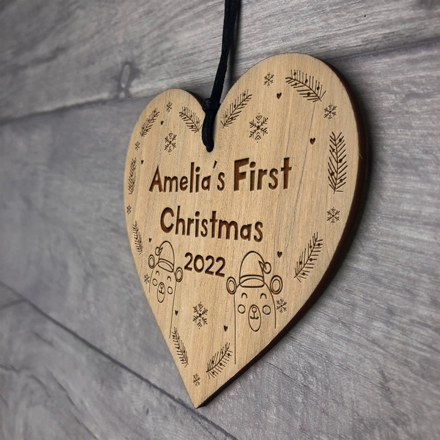 Babys 1st Christmas Engraved Wood Heart Daughter Son Decoration