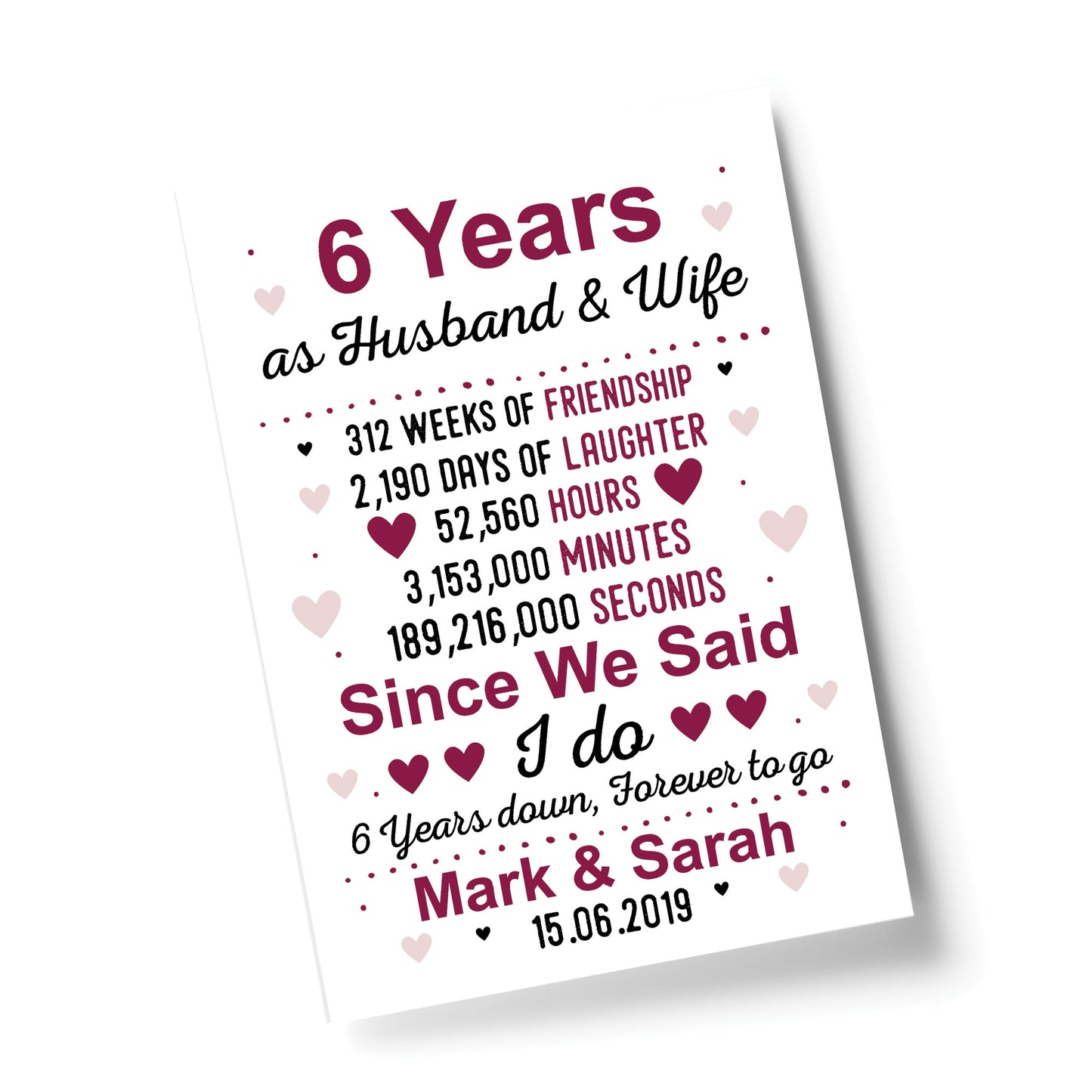 6th Anniversary Gift Personalised Print 6th Anniversary Card