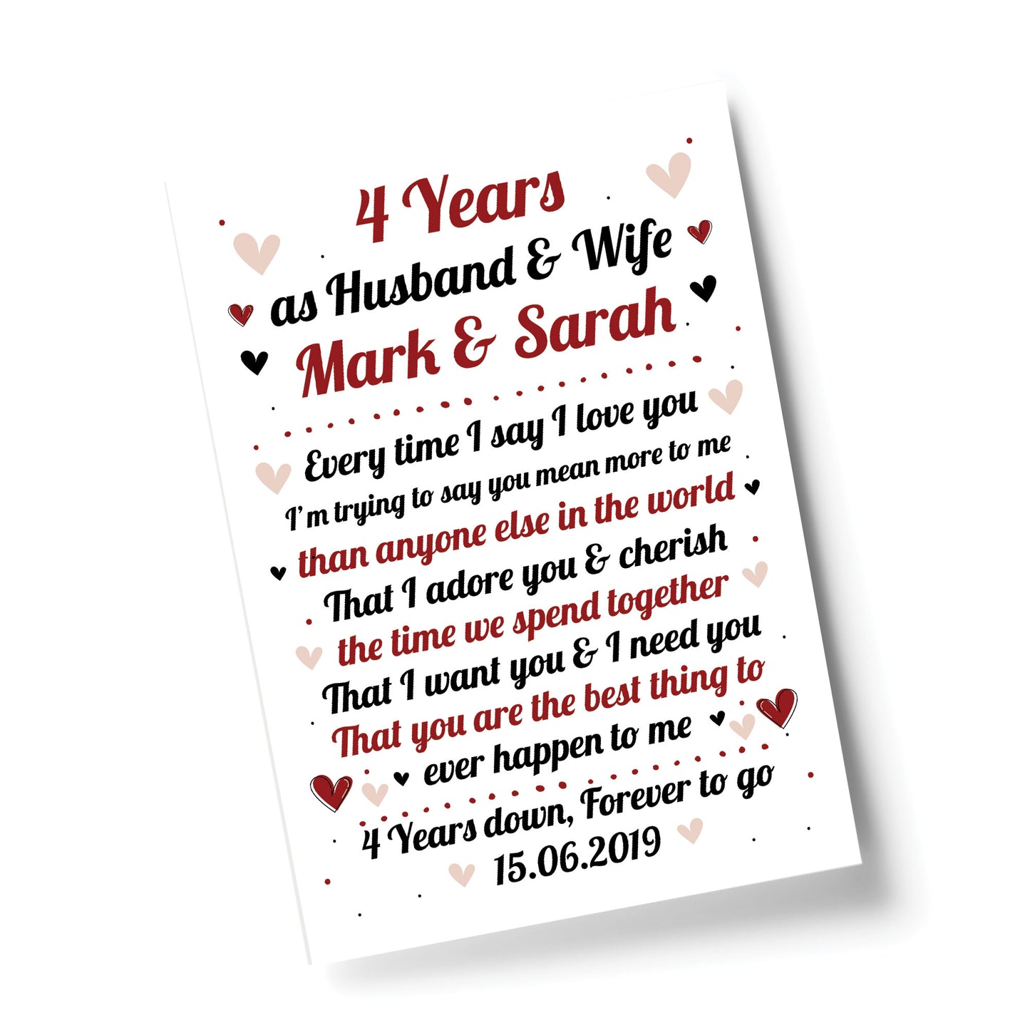 4th Wedding Anniversary Gift For Husband or Wife Print Keepsake