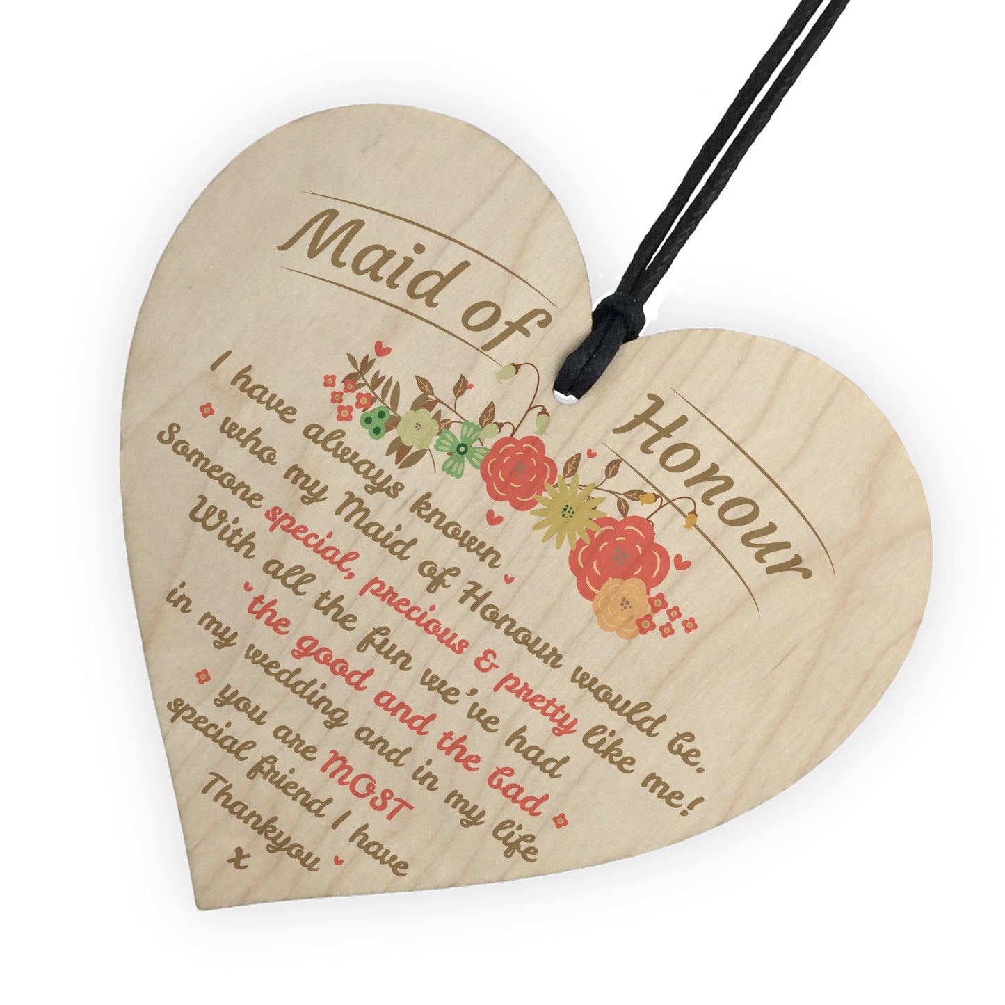 Thank You Maid Of Honour Wooden Heart Wedding Keepsake Gifts