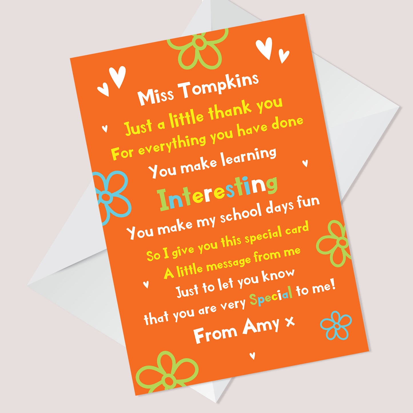 Personalised Teacher Thank You Card Teacher Card School Leavers