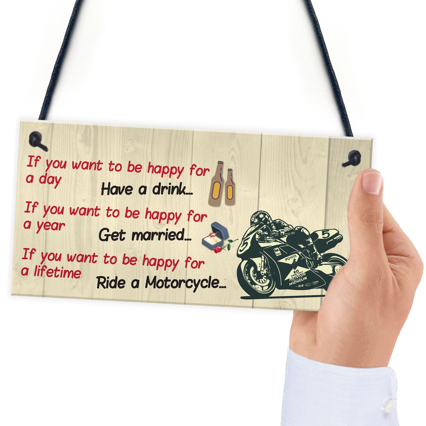 Happy Life Motorcycle Funny Motorbike Man Cave Hanging Plaque