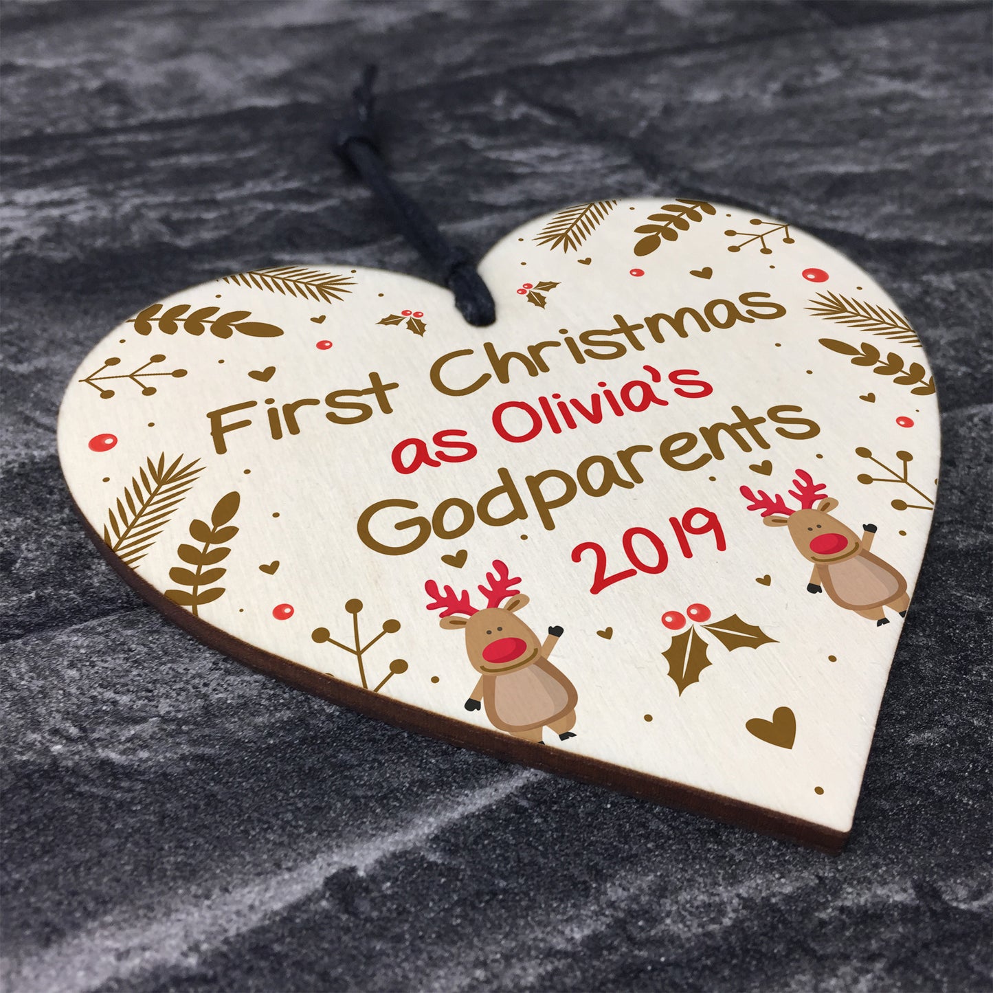 Godparents Gift Personalised 1st Christmas Decoration Wood Heart