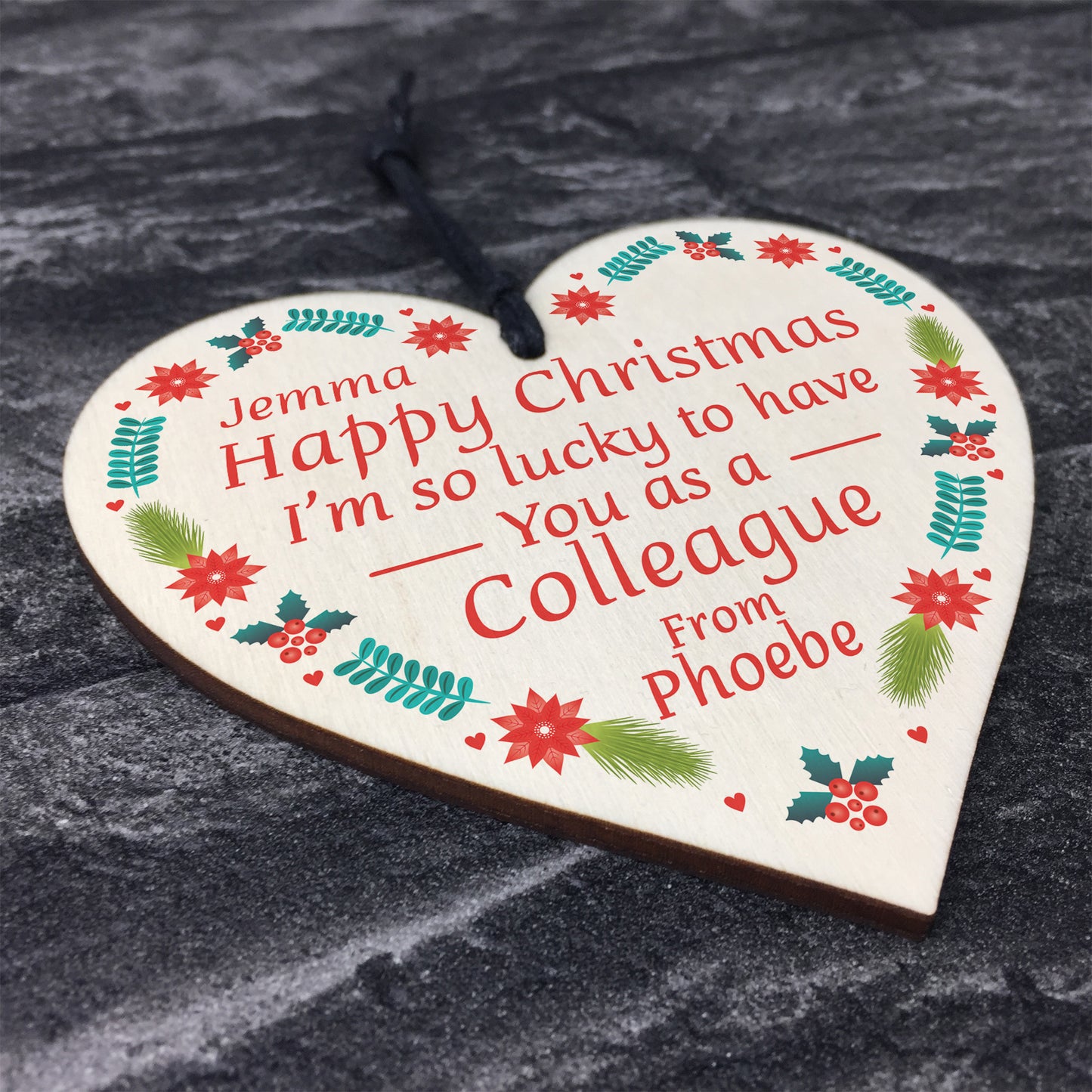 Personalised Christmas Gift Colleague Wood Heart Secret Santa