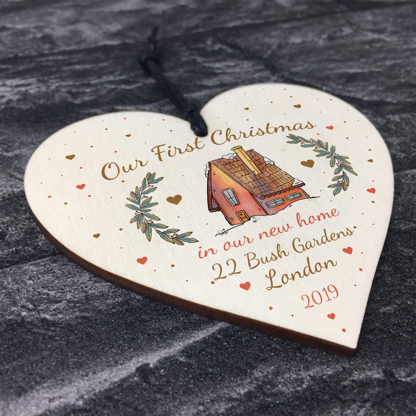 Personalised First 1st Christmas In Our New Home Wood Heart