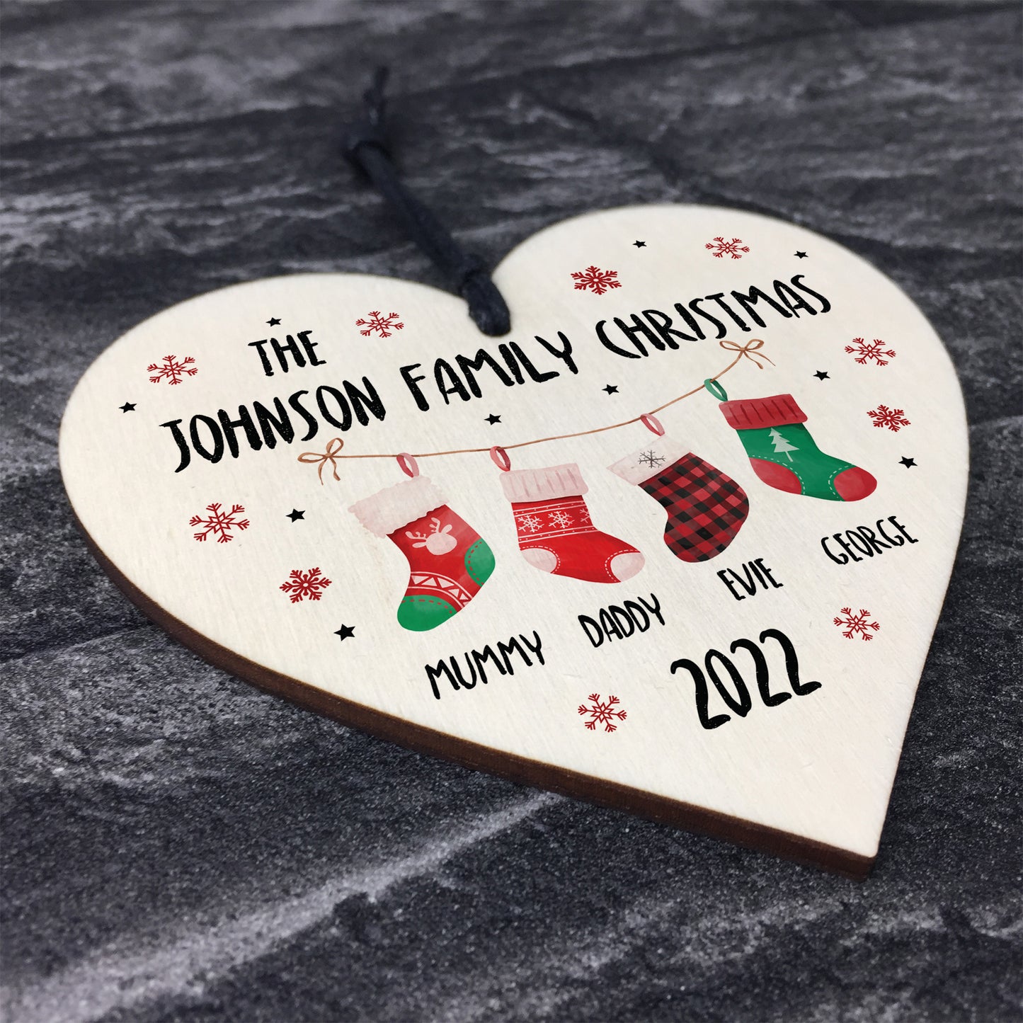 Personalised Family Christmas Bauble Wooden Hanging Heart Tree