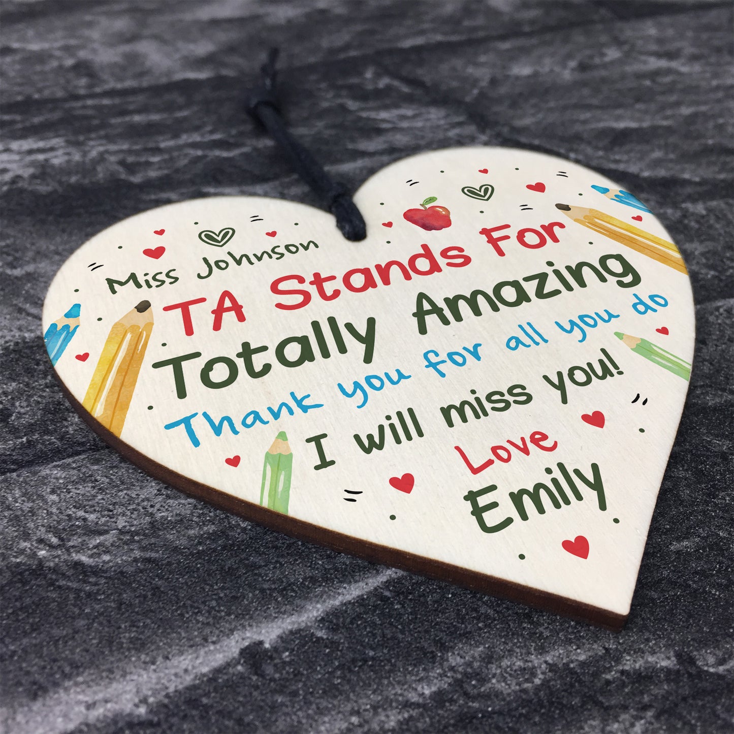 Personalised TA Assistant Gift Wood Heart Thank you Leaving Gift