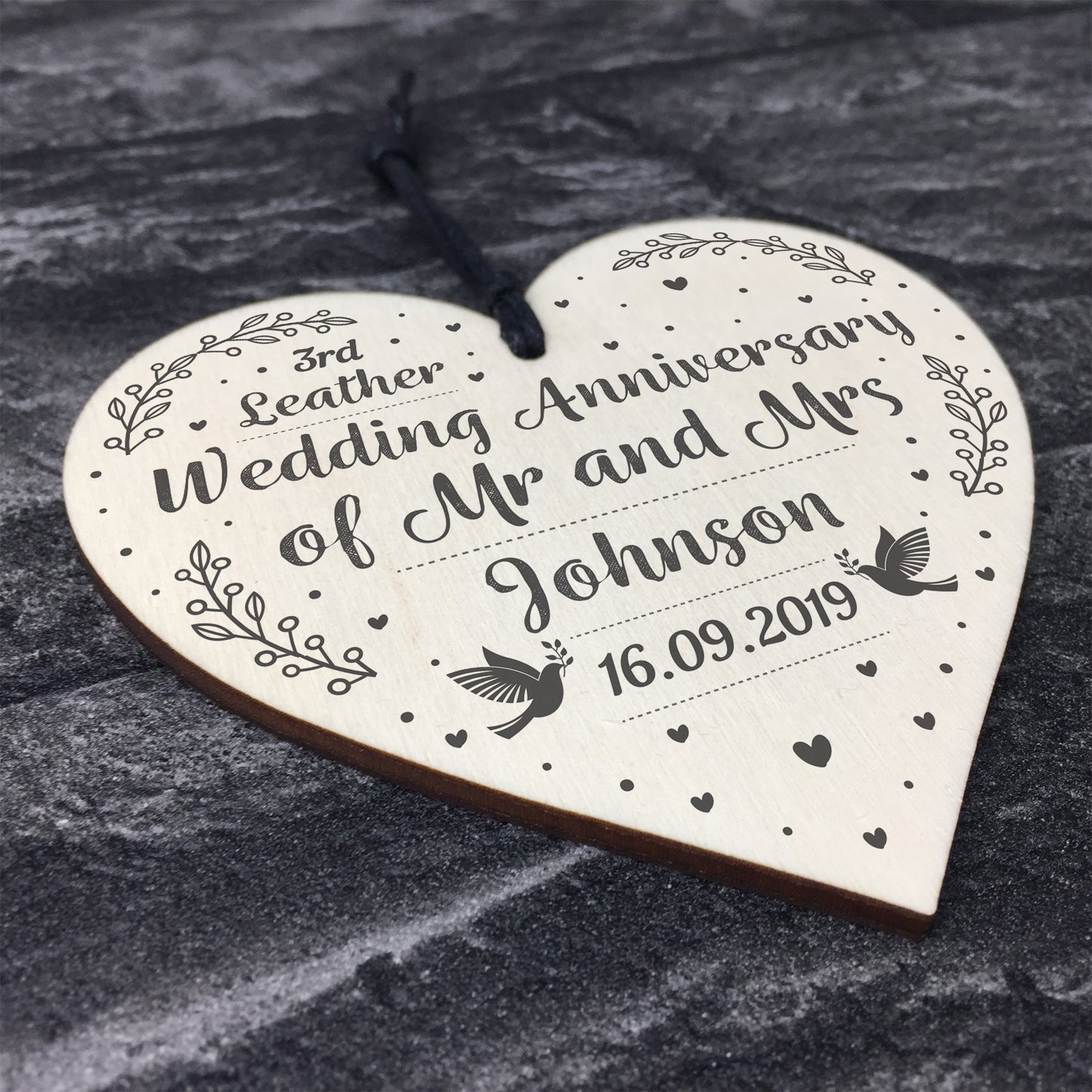 3rd Leather Wedding Anniversary Gift Personalised Heart Mr & Mrs