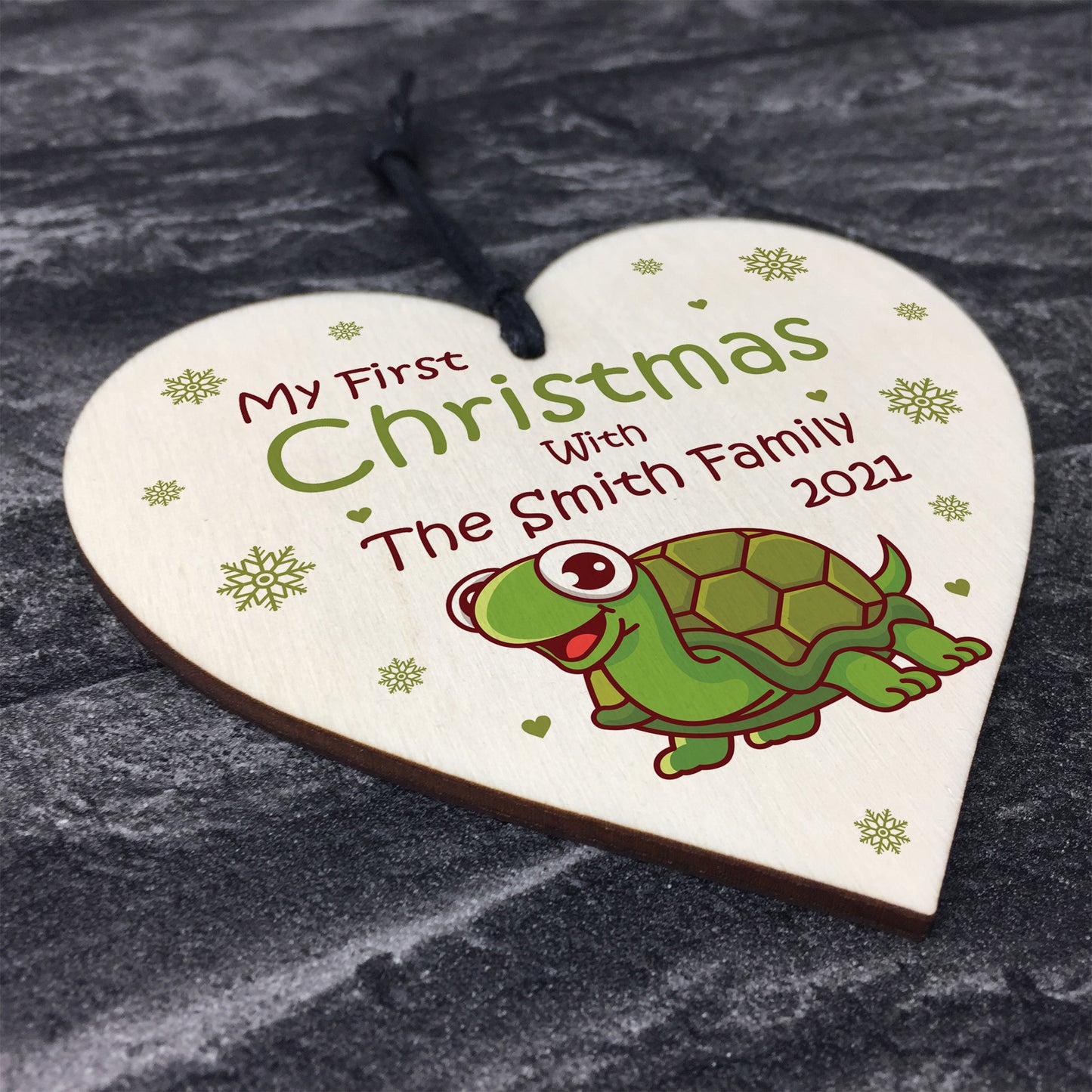 My 1st Christmas Tortoise Bauble Wood Heart Personalised Gift
