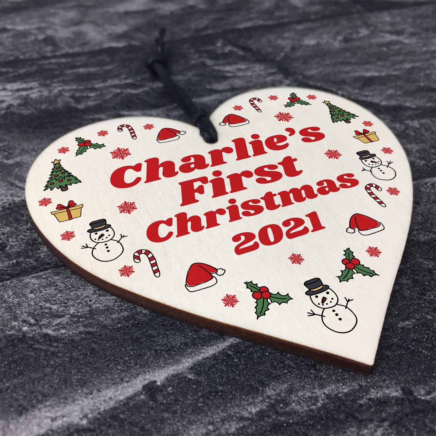 Personalised Baby's First 1st Christmas Bauble Wood Heart Decor