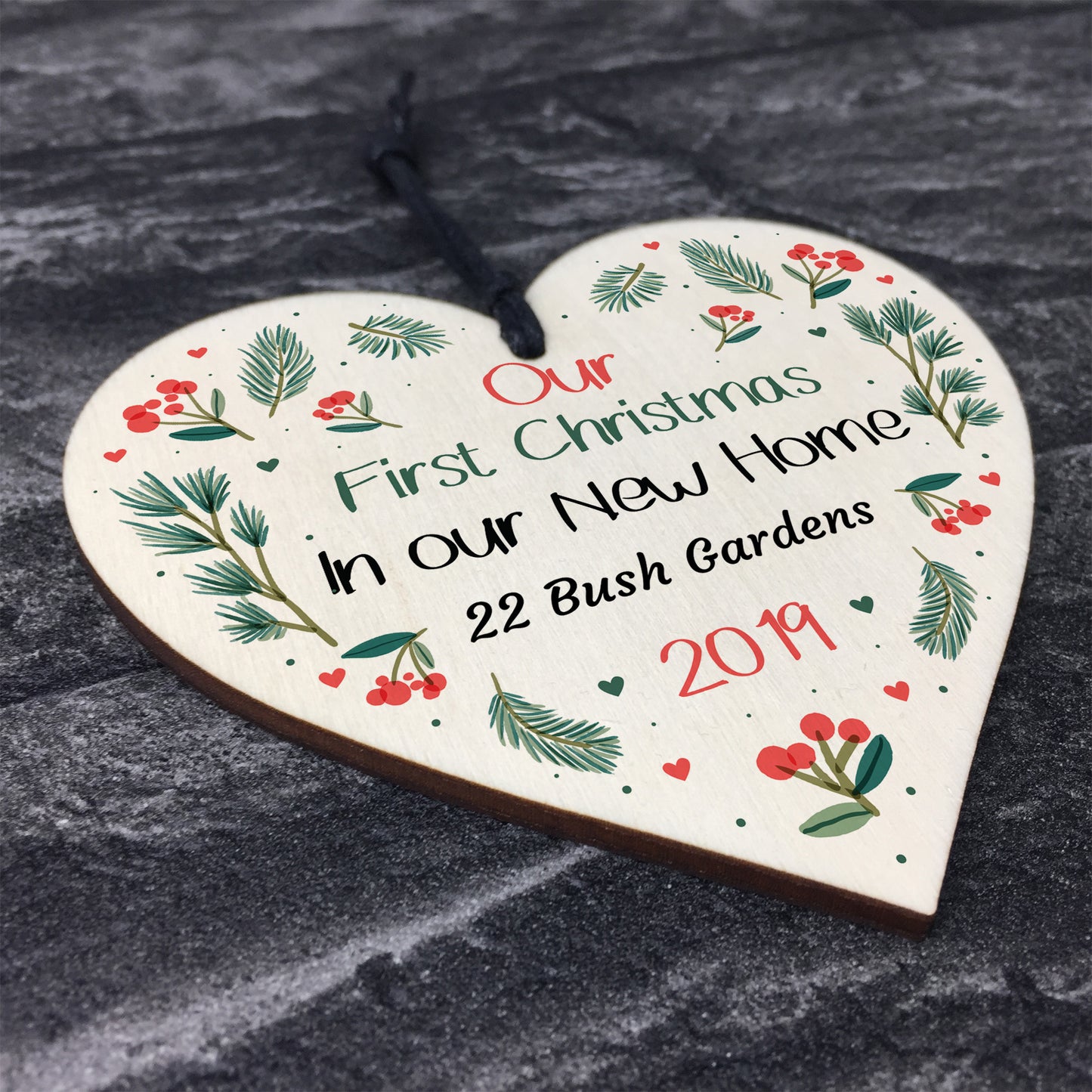 First Christmas In New Home Bauble Wooden Heart Xmas Decoration