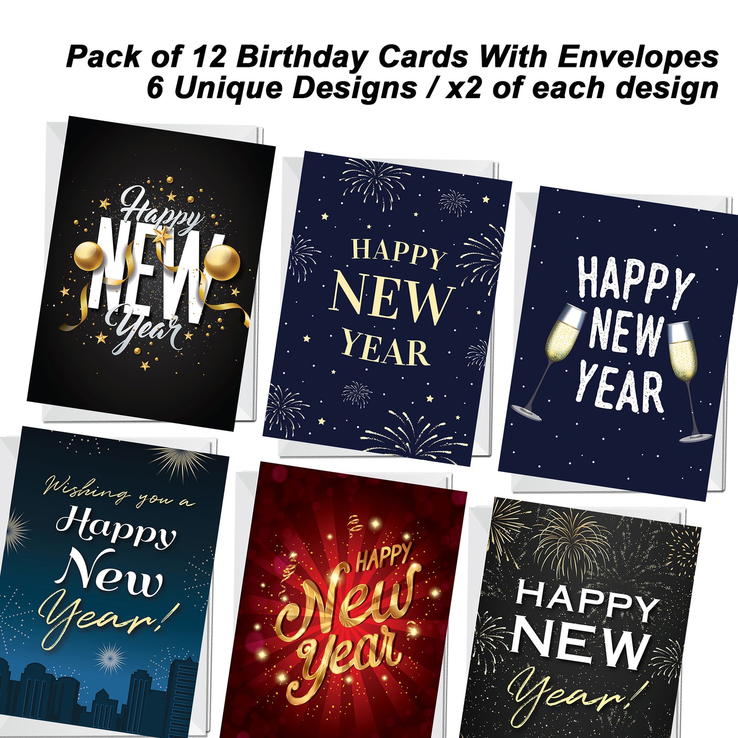 Happy New Year Cards Pack of 12 New Year Greeting Cards