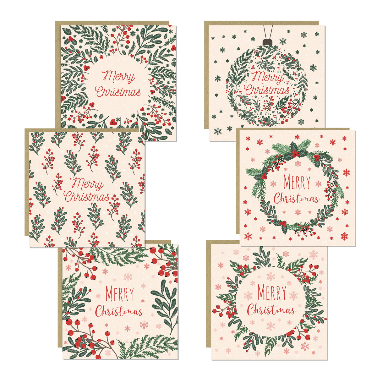 Christmas Cards Pack of 6 With Kraft Envelopes Merry Christmas