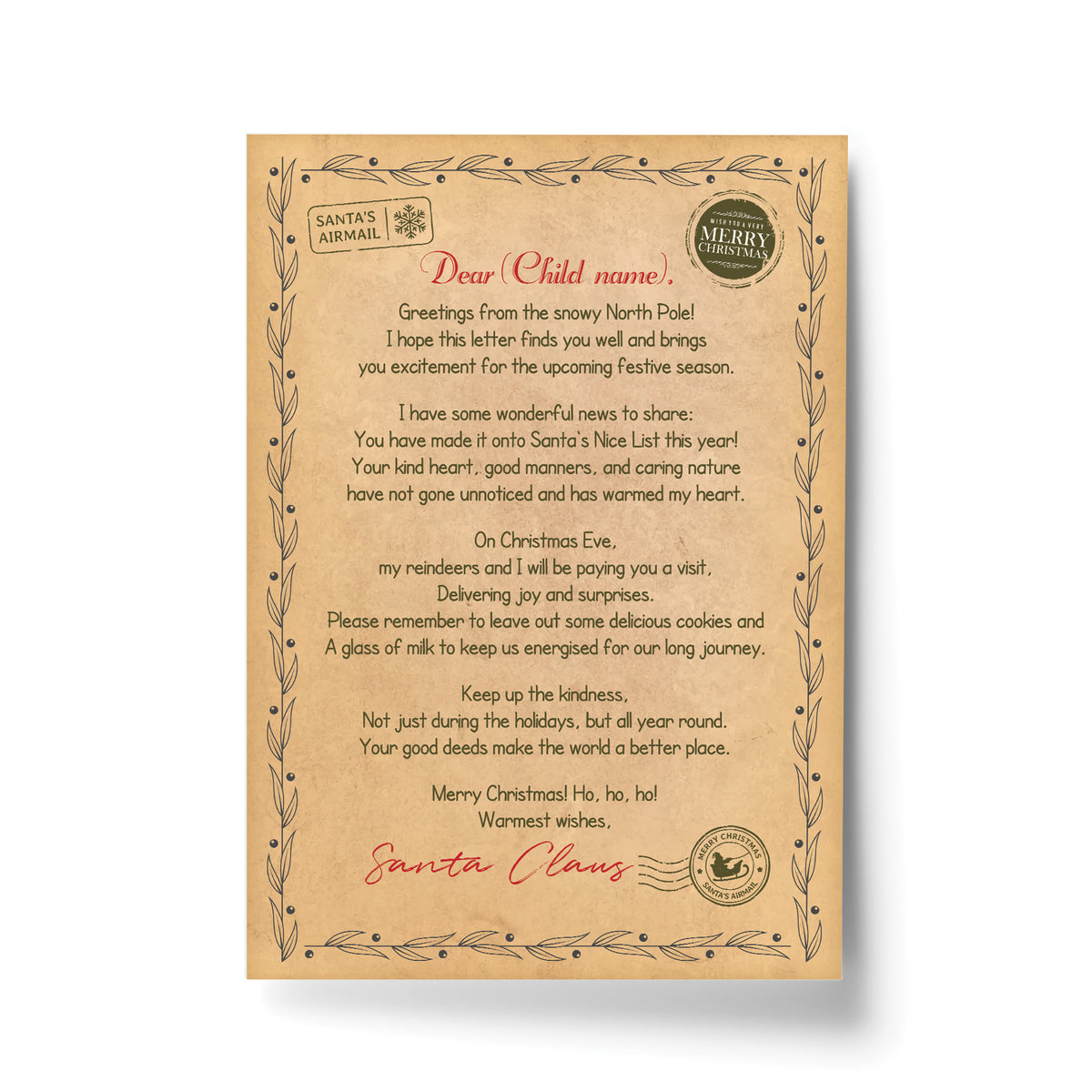 Personalised Christmas Letter Santa North Pole Letter Nice List