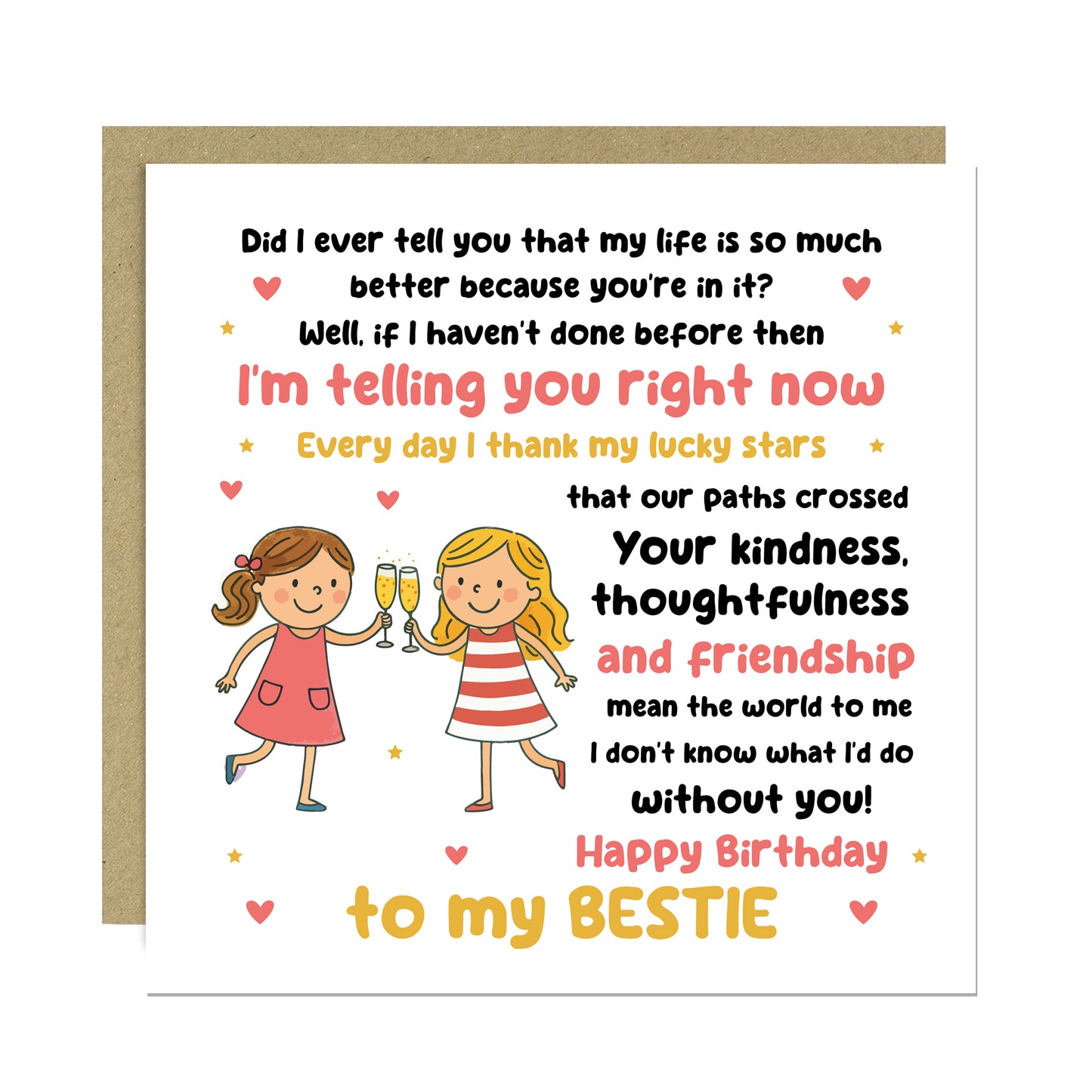 Card For Bestie Birthday With Kraft Envelope Birthday Card