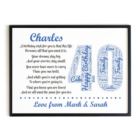 Personalised 40th Birthday Gifts for Him Men Dad A3 Framed Print