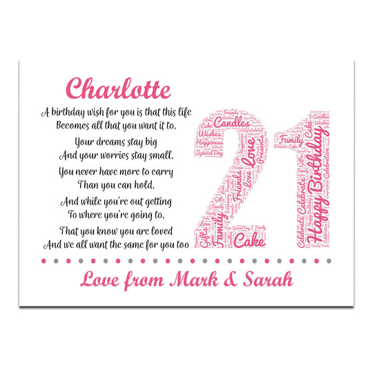 Personalised 21st Birthday Gifts for Her Girls Daughter A3 Print