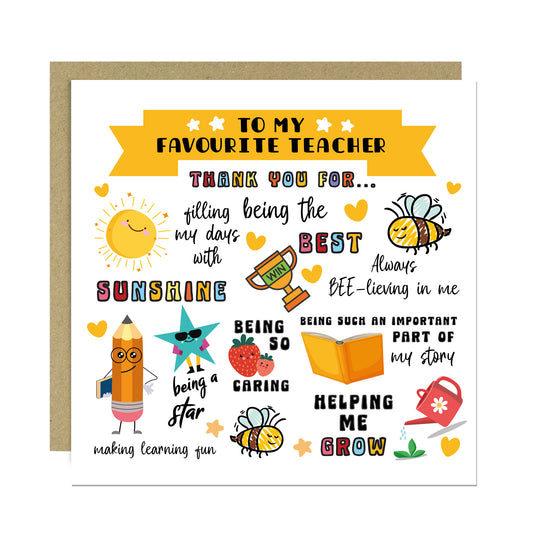 Teacher Thank You Card For Favourite Teacher With Kraft Envelope