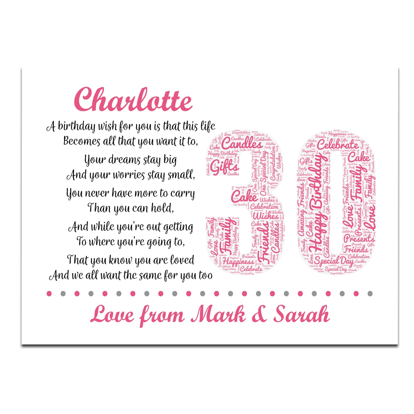 Personalised 30th Birthday Gifts for Her Women Wife Mum A3 Print