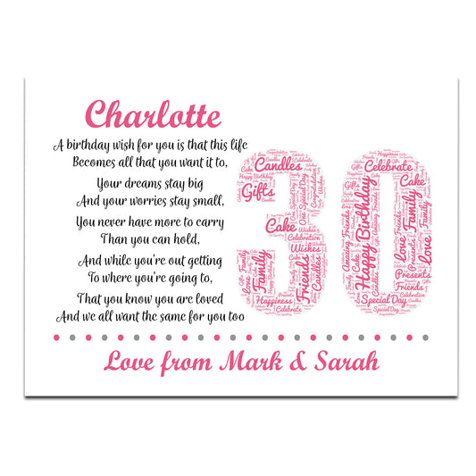 Personalised 30th Birthday Gifts for Her Women Wife Mum A3 Print