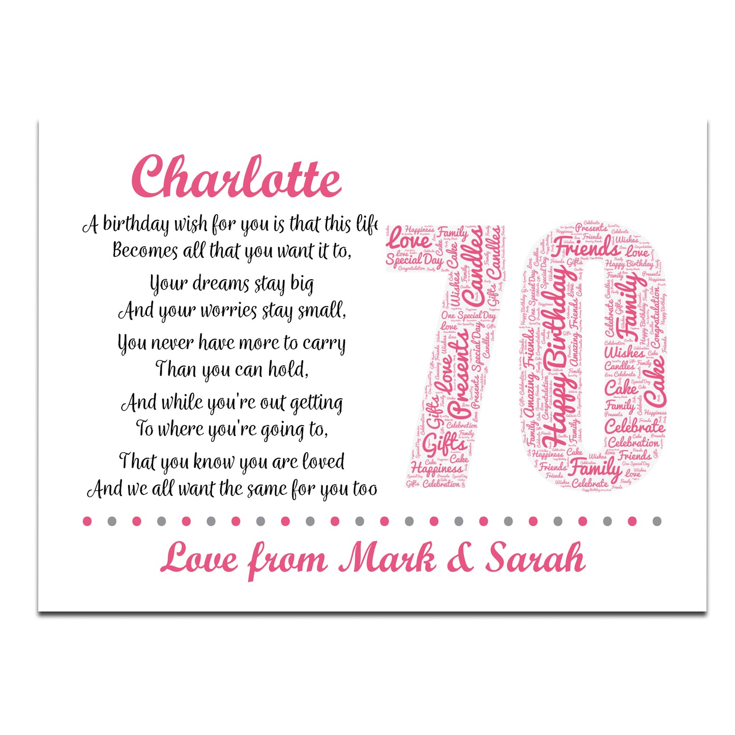 Personalised 70th Birthday Gifts for Her Women Wife Mum Nanny