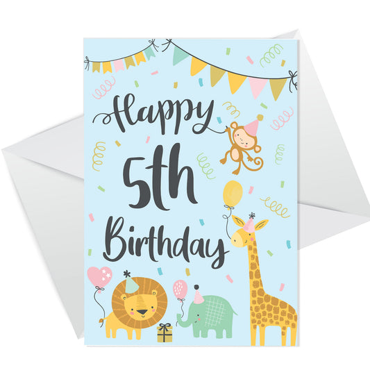 5th Birthday Jungle Animals Card for Girls Boys 5 Year Old Child