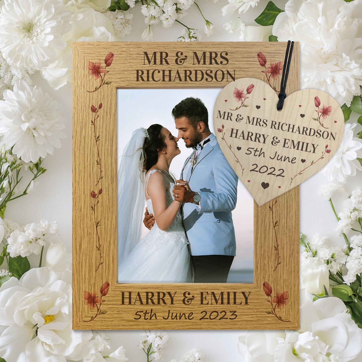 Wedding Gift Wood Wedding Day Personalised Photo Frame and Heart