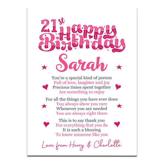 PERSONALISED 21st Birthday Gifts For Her Gift For Daughter A3
