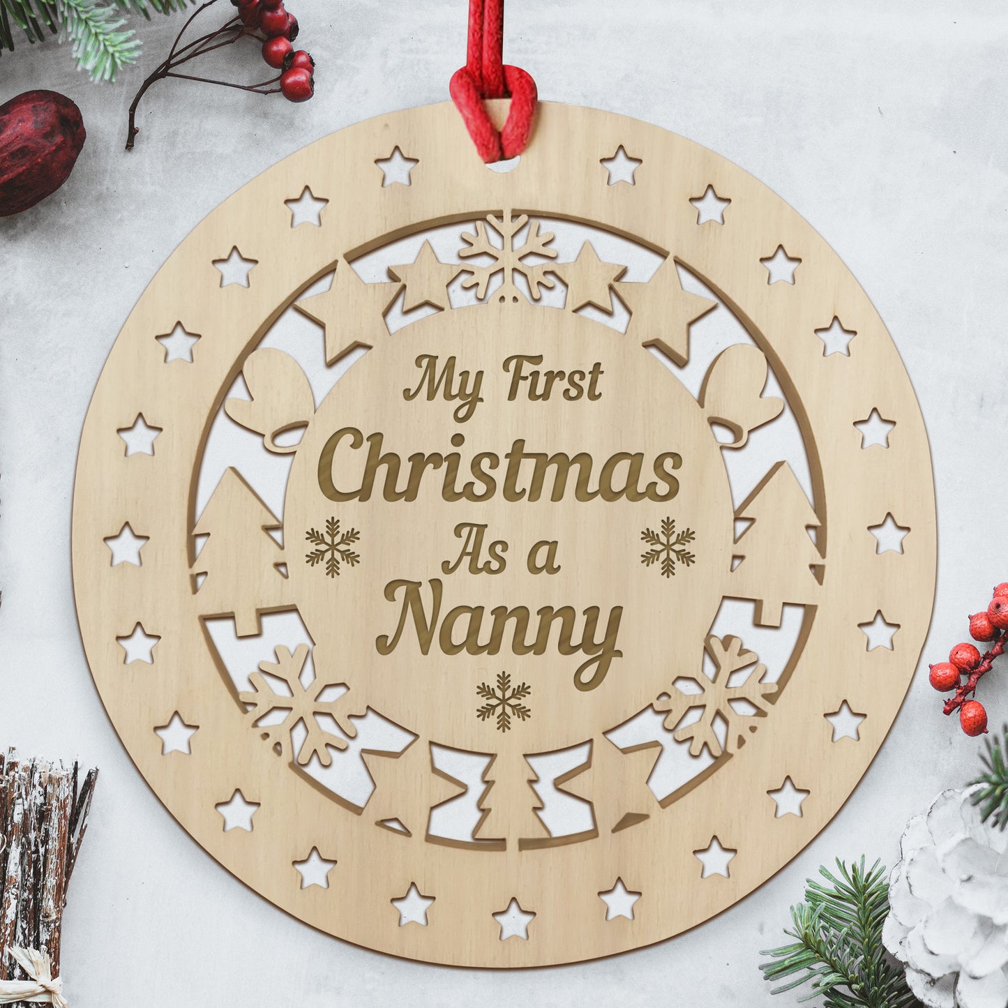 My First Christmas As A Nanny Wooden Hanging Bauble DecorationTh