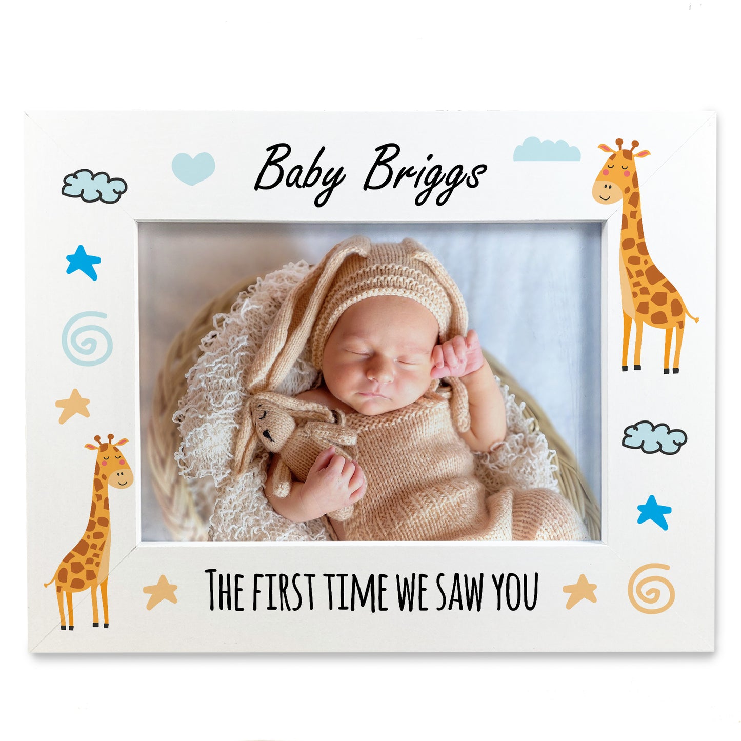 Newborn Personalised Baby Photo Frame 7x5 White Wood Frame