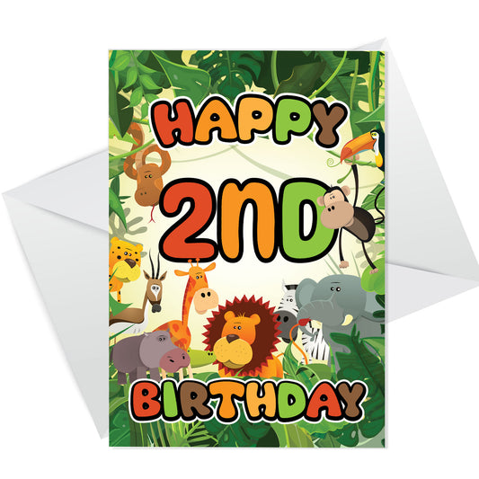 2nd Birthday Card for Boy Girl Jungle Safari Animals 2 Years