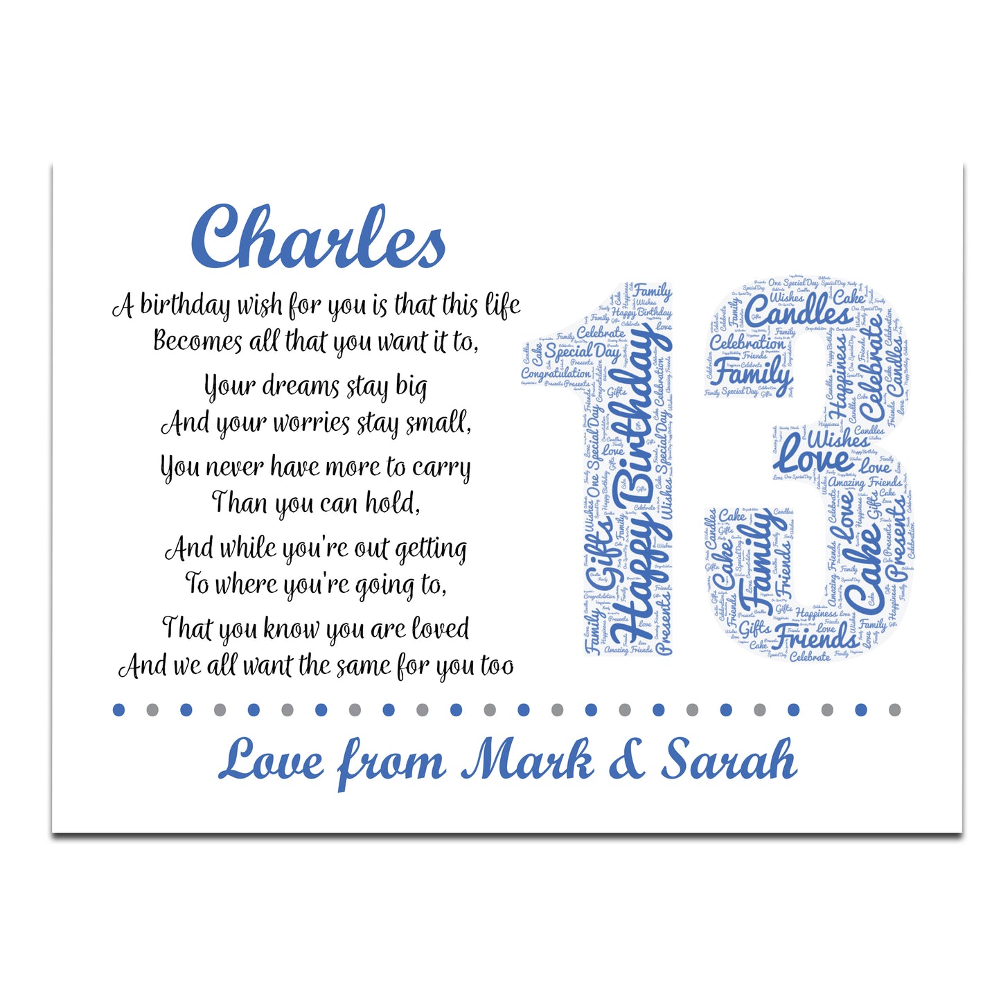 Personalised 13th Birthday Gift for Him Men Son Brother A3 Print
