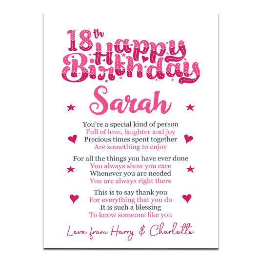 PERSONALISED 18th Birthday Gifts For Her Gift For Daughter A3