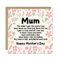 Happy Mothers Day Card, Floral Design, Poem Card For Mum