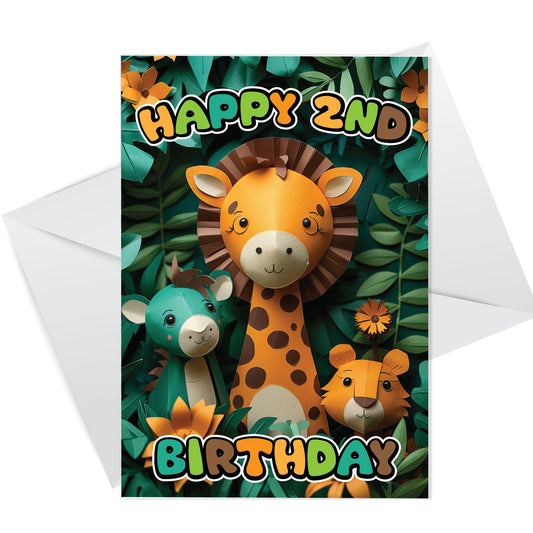 2nd Birthday Card for Boys Girl Jungle Animals Birthday Card