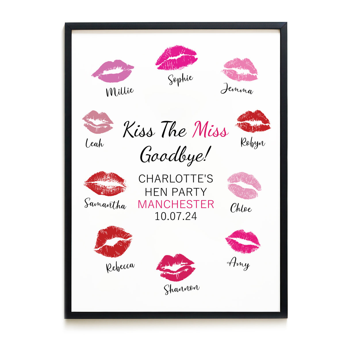 Kiss The Miss Goodbye A3 Black Framed Hen Party Print Keepsake