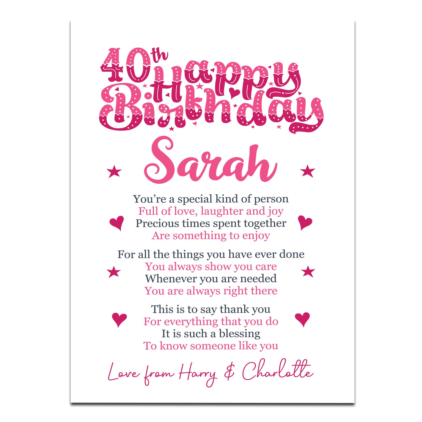 PERSONALISED 40th Birthday Gift For Her Gift For Daughter A3