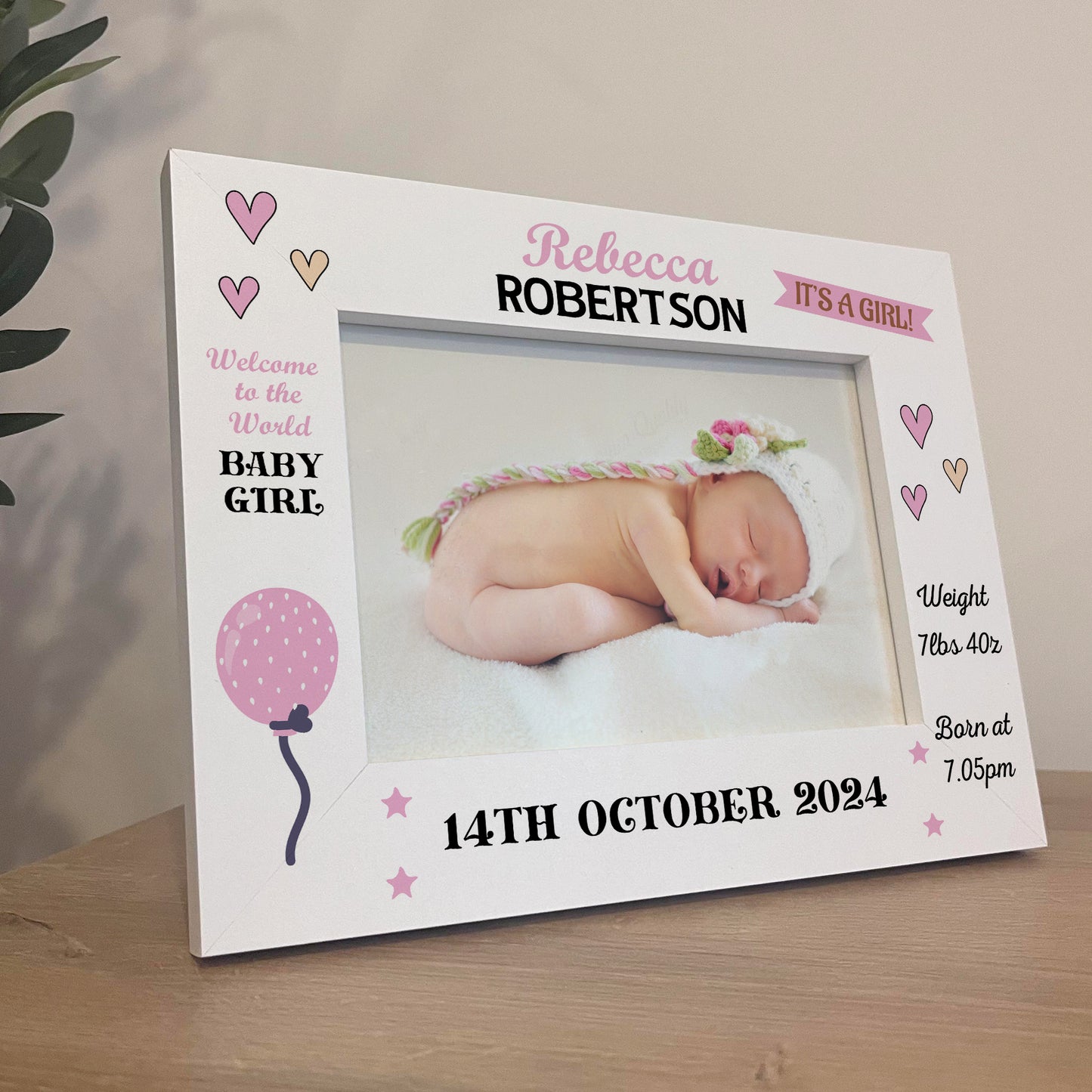 Personalised Baby Girl Newborn Gift 7x5 White Wooden Photo Frame