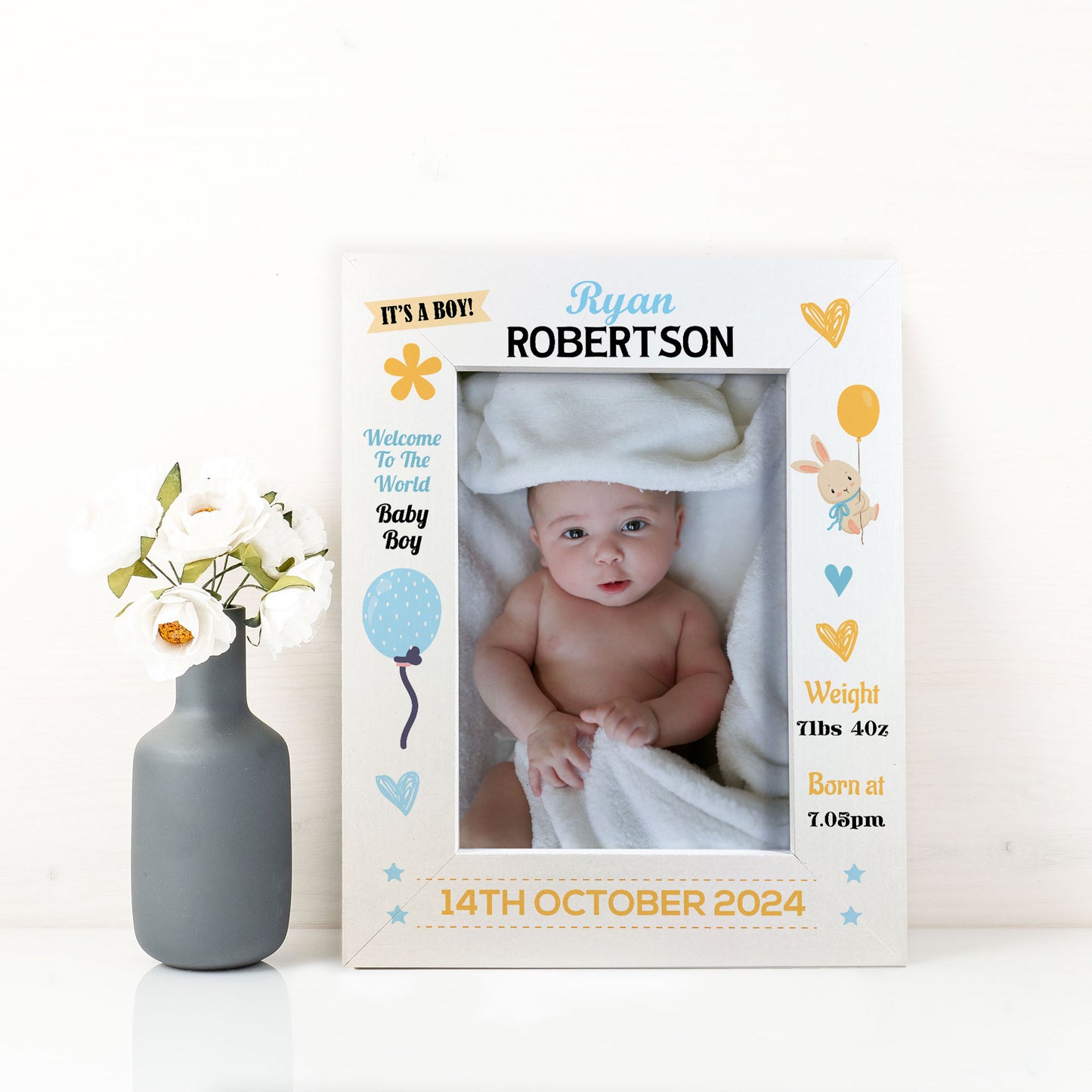 Personalised Baby Boy Portrait Photo Frame With Birth Details