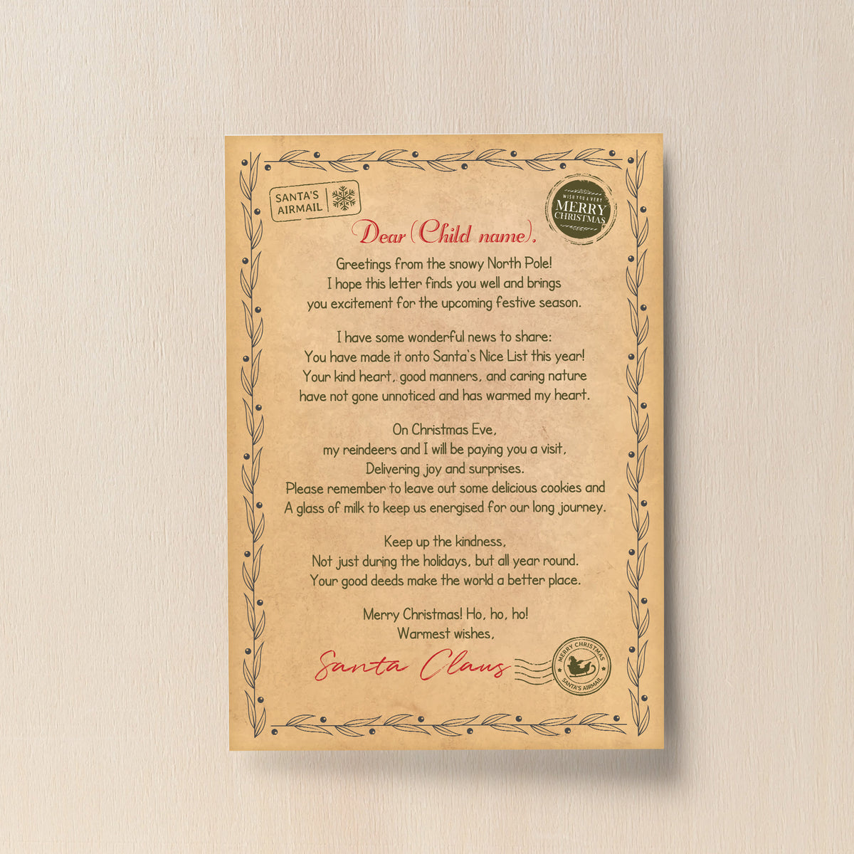 Personalised Christmas Letter Santa North Pole Letter Nice List