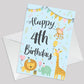 4th Birthday Jungle Animals Card for Girls Boys 4 Year Old Child