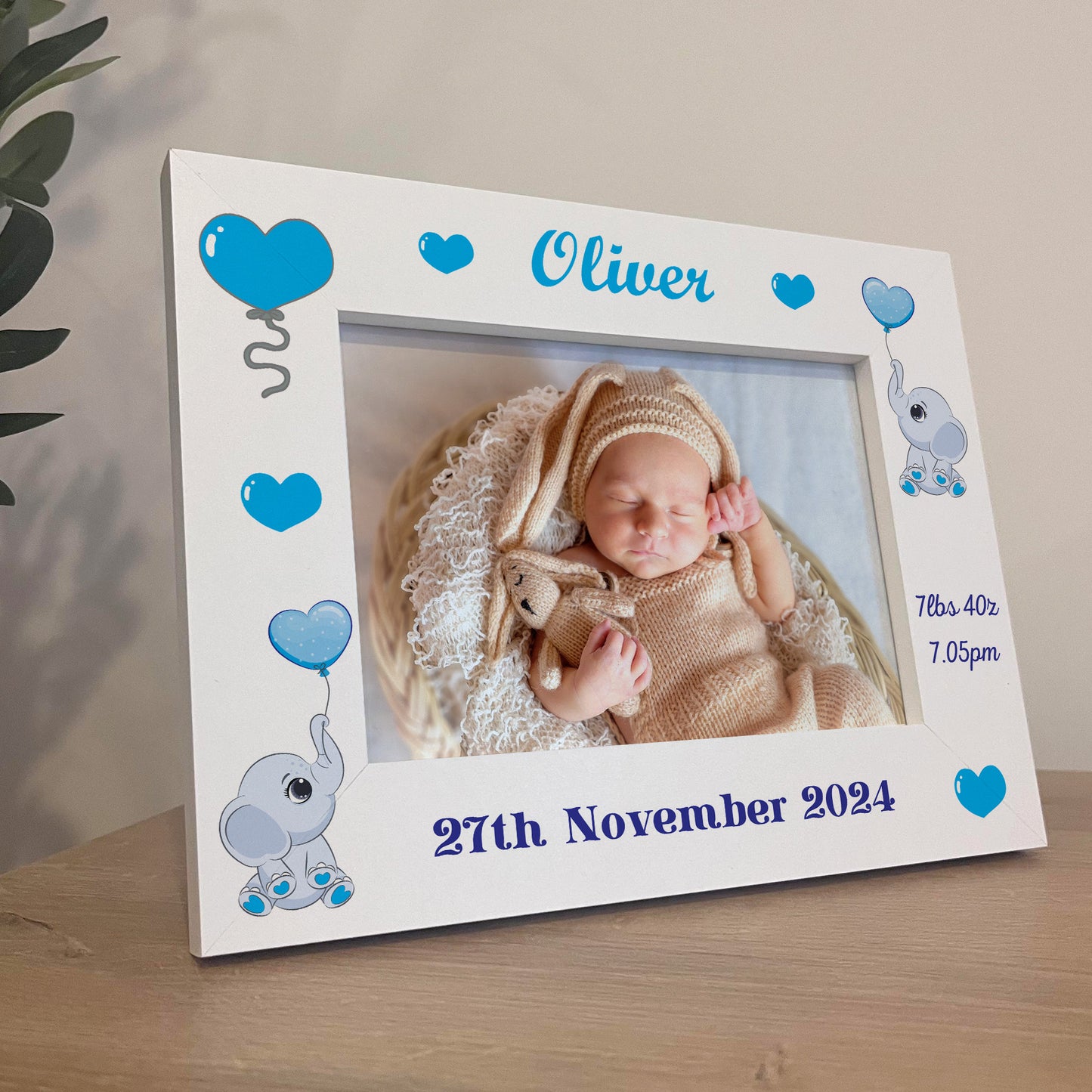 Personalised Baby Birth Details Newborn 7x5 White Wood Frame