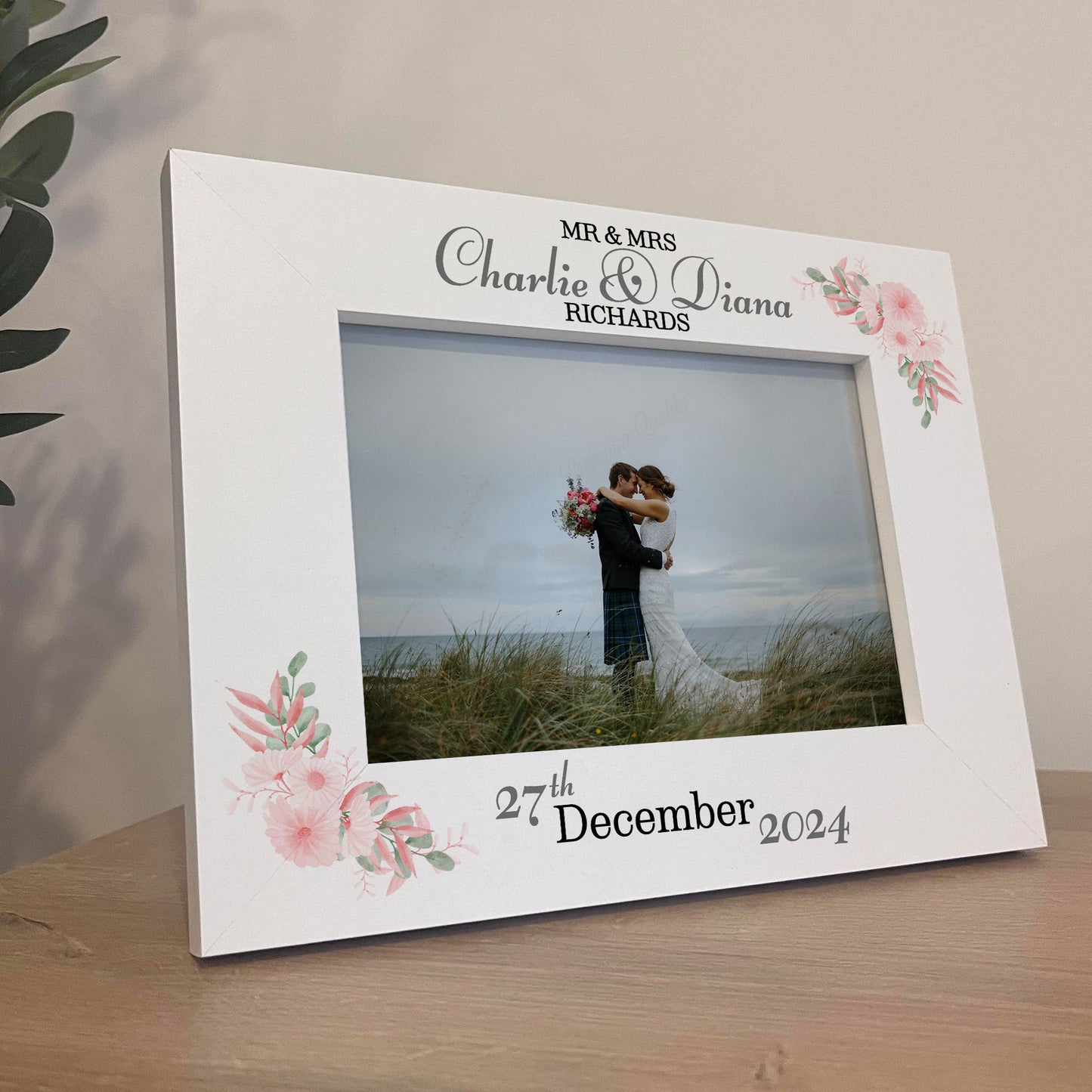 Personalised Mr & Mrs Wedding Photo Frame Gift With Pink Floral