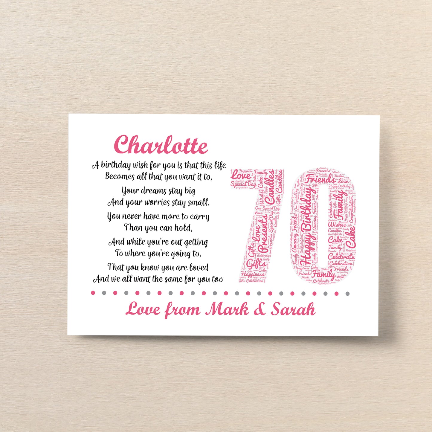 Personalised 70th Birthday Gifts for Her Women Mum Nan A4 Print