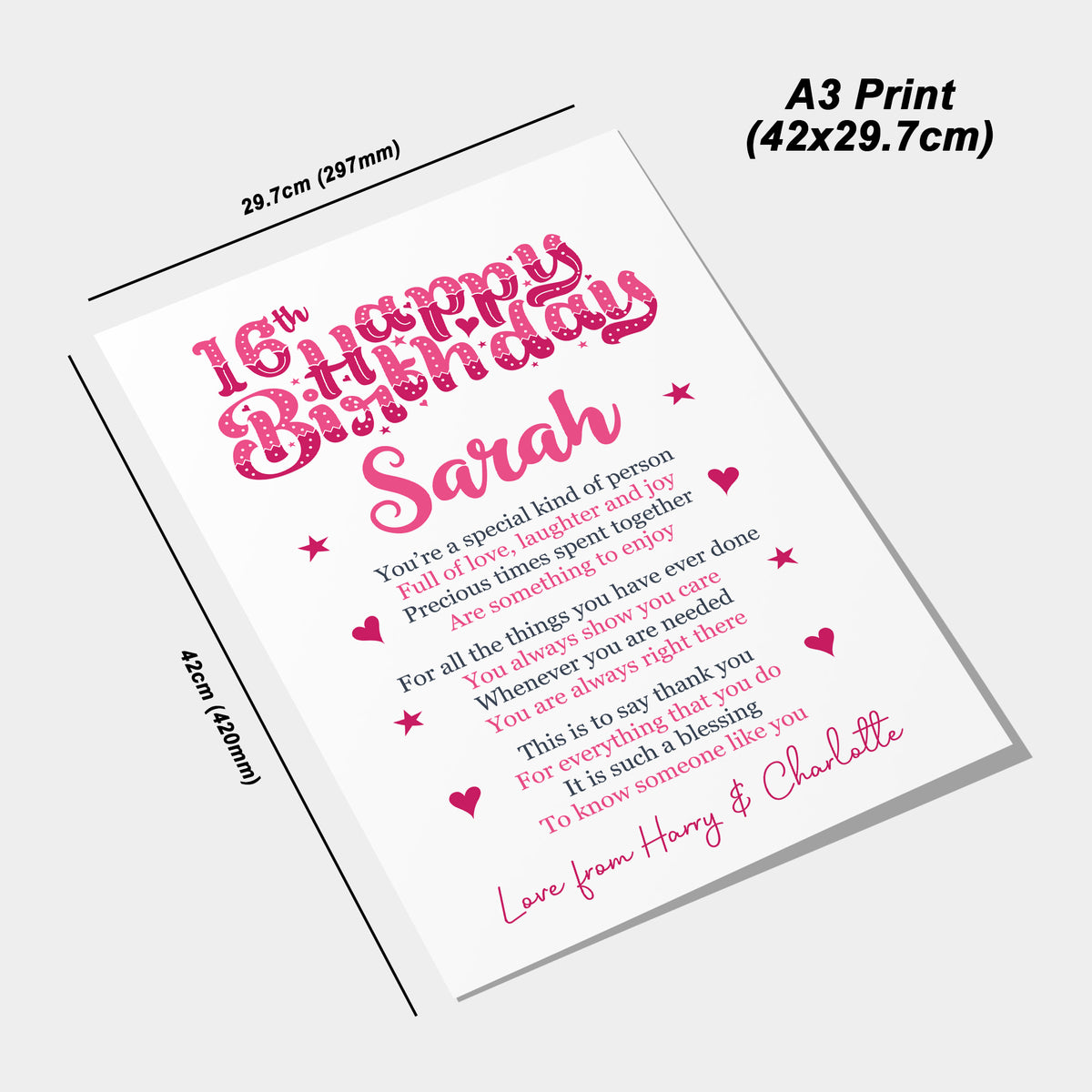 PERSONALISED 16th Birthday Gifts For Her Gift For Daughter A3